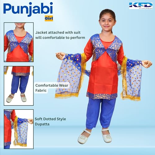 Image of Kaku Fancy Dresses Punjabi Girl Ethnic Costume for Kids - Red & Blue Salwar Suit Dress with Dupatta | Indian State Fancy Dress for Girls (5-6 Years)