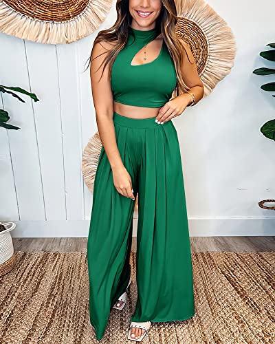 Btfbm Women 2 Piece Outfits Spring Summer Tracksuits Mock Neck Sleeveless Cutout Crop Top Wide Leg Long Pants Sweatsuits(Solid Green, X-Large) #TOP3