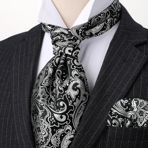 Image of HISDERN Ascot Ties for Men Paisley Floral Ascot and Pocket Square Set Classic Self Tie Mens Cravat Handkerchief for Wedding