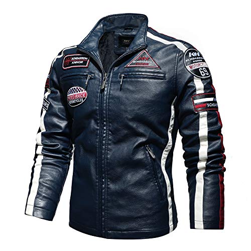 Cbyezy Stand-up collar men's motorcycle leather motorcycle racing suit color-blocking PU simulation leather jacket (Blue 18, XXXL)