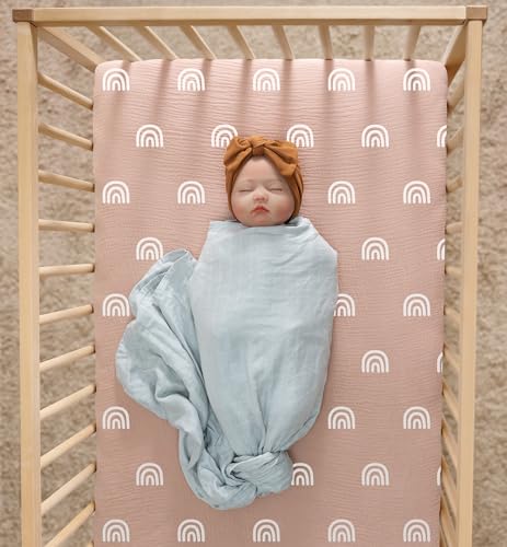 Image of Meracorallo Muslin Pack and Play Fitted Sheet, 100% Cotton, Rainbow
