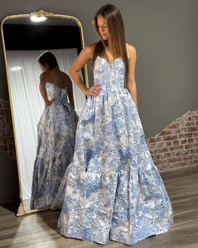 Floral Satin Prom Dresses for Women Strapless Jacquard Corset Formal Evening Party Gowns with Pockets2