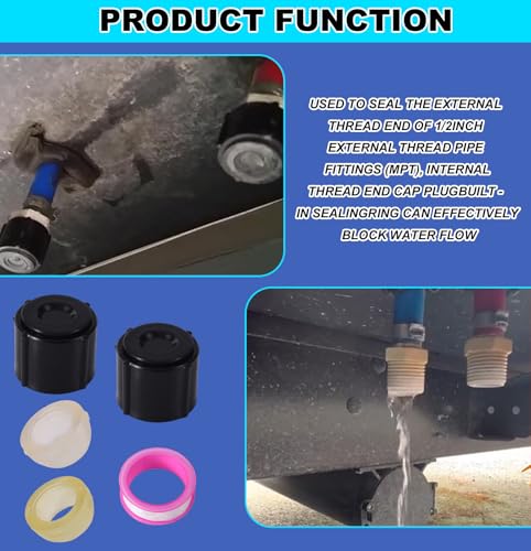 Image of Tinoaly 2pcs Low Point Drain Seals /Caps with Sealing Ring & Tape, Plastic RV Drain Cap for RV Camper Travel Trailer 1 /2 Inch Hot & Cold Water Lines Connects to Pex Pipe /Tubing Fittings