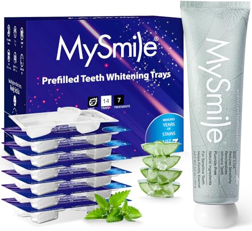 MySmile 7 Treatment Prefilled Teeth Whitening Trays 12% Hydrogen Peroxide and Fluoride Free Nano Hydroxyapatite Toothpaste Combo for Sensitive Teeth Relief, Enamel Repair and Teeth Remineralization