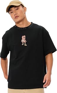 The Souled Store Tea-Rex Men and Boys Short Sleeves Round Neck Black Embroidered Cotton Oversized T-Shirts Price In India