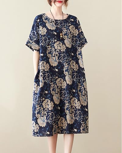 Image of LUZU JUNU Women's Summer Baggy Plus Size Loose Cotton Linen Long Boho Beach Dress with Pockets