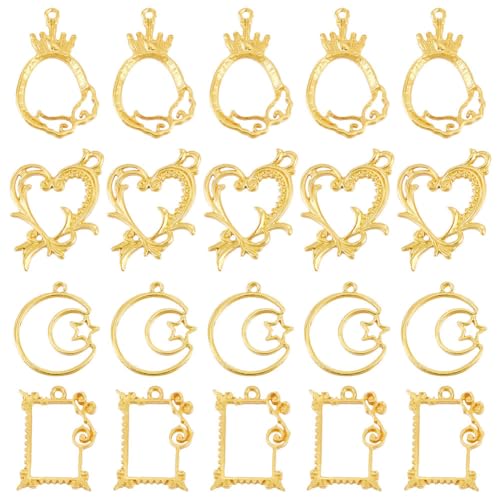 SUNNYCLUE 1 Box 20PCS Open Back Bezel Charms Hollow Frame Charms Heart Moon Geometric Blank Golden Alloy Bezel Charms Epoxy Resin for jewellery Making Charms Valentine's Day Earrings DIY Crafts