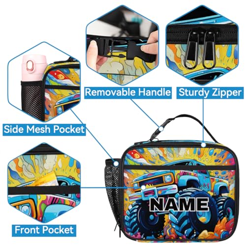 Custom Monster Truck Backpack Lunch Box Bag with Name, Personalized Shoulder 18 Inch Backpack with Adjustable Straps for Women men Cars Monster3