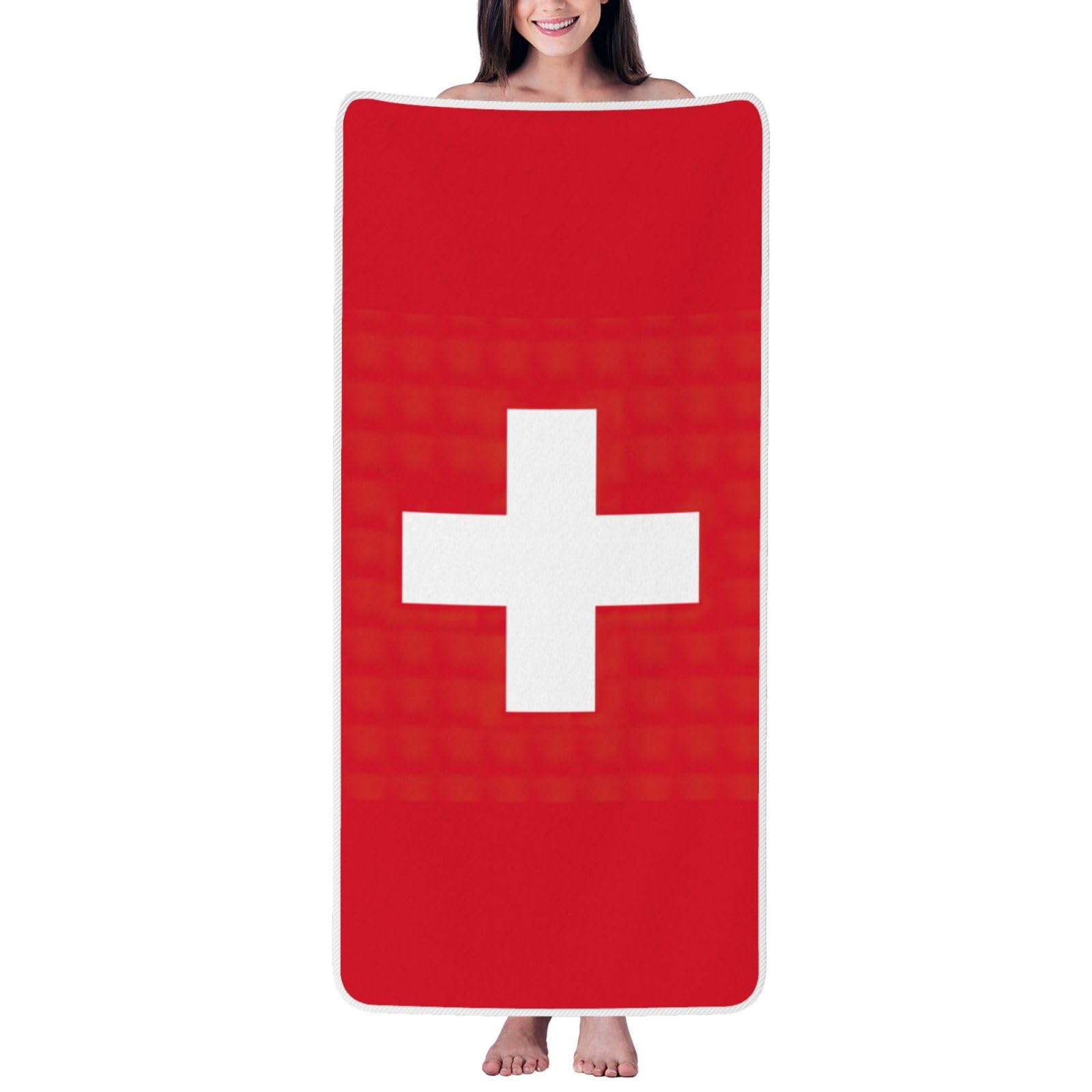 Nimongt Unisex White Swiss Flag Print Lightweight Comfort Coral Velvet Bath Towel Home Bathroom Hotel Spa Beach Travel