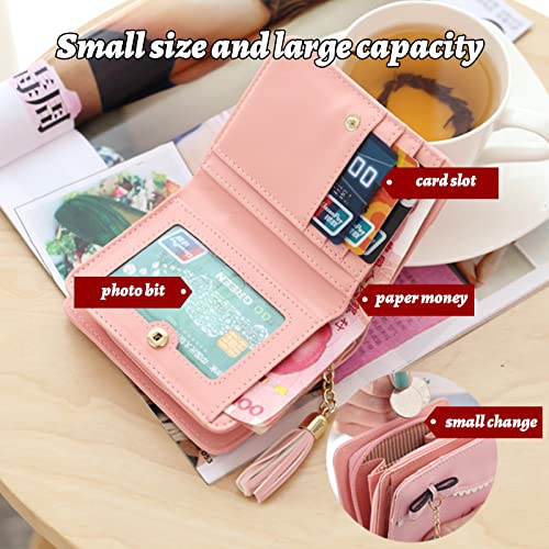 Suxgumoe Small Wallet for Women Girls PU Leather Bifold Short Wallet Tassels Cute Cat Women Wallet Ladies Purse with Coin Pocket (ROSE RED)2