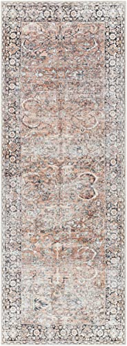 Kemer Collection Machine Washable Hallway Kitchen Runner Rug - Vintage Distressed Faded - Oriental Bohemian Persian Traditional Bordered Carpet - Pet Friendly - Brown, White, Black - 2'7" X 7'3" #TOP11
