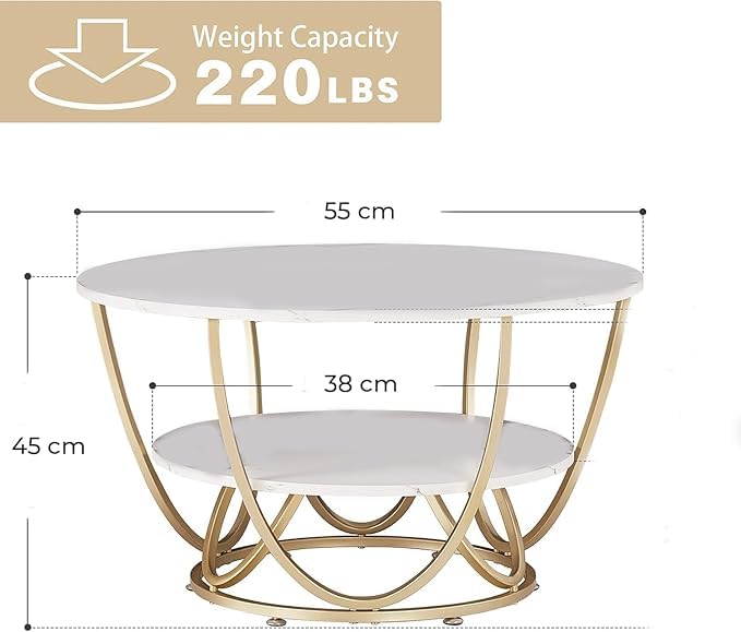 Image of Brown Art SHOPPEE Faux Marble Top Round 2 Tier Metal Coffee Tables Simple Living Room Table Sets, Sofa Center Table End Tables with Metal Frame Home Decor for Living Room (Black & White)