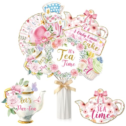 24 Pcs Tea Party Decorations Table Centerpiece Sticks Spring Party Topper Vintage Floral Teapot Cake Table Toppers Garden Tea Party Table Decor for Floral Tea Themed Birthday Wedding Party Supplies