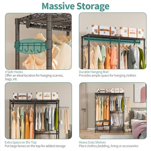 Exglobol Heavy Duty Garment Rack, Metal Closet Organizers and Storage, Wardrobe Clothing Racks for Hanging Clothes, 3 Tiers Adjustable Wire Shelving with 2 Hanger Rods and Side Hooks, Black