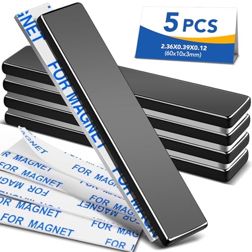 MIKEDE Neodymium Magnets, 5 Pack Black Super Strong Magnets Bar, Waterproof Heavy Duty Magnet with Adhesive Backing, Rare Earth Small Magnet Strips for Fridge, DIY, Craft, Science - 60x10x3 mm