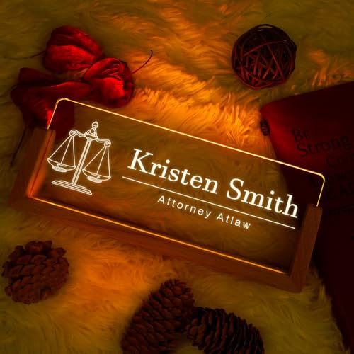 Image of Custom Name Plate for Desk, Personalized Light Up Acrylic Desk Name Plate, Personalized Office Gifts for Lawyer Coworkers, Employee Appreciation GIfts, Office Decor for Women Men (Design12-Lawyer)