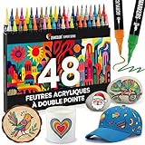 Zenacolor Feutre Acrylique à Double Pointe (Pointes Fines et Pinceau) - 48 Couleurs Uniques de Marqueur Acrylique pour Diverses Surfaces et Œuvres d'Art - Feutres Peinture
