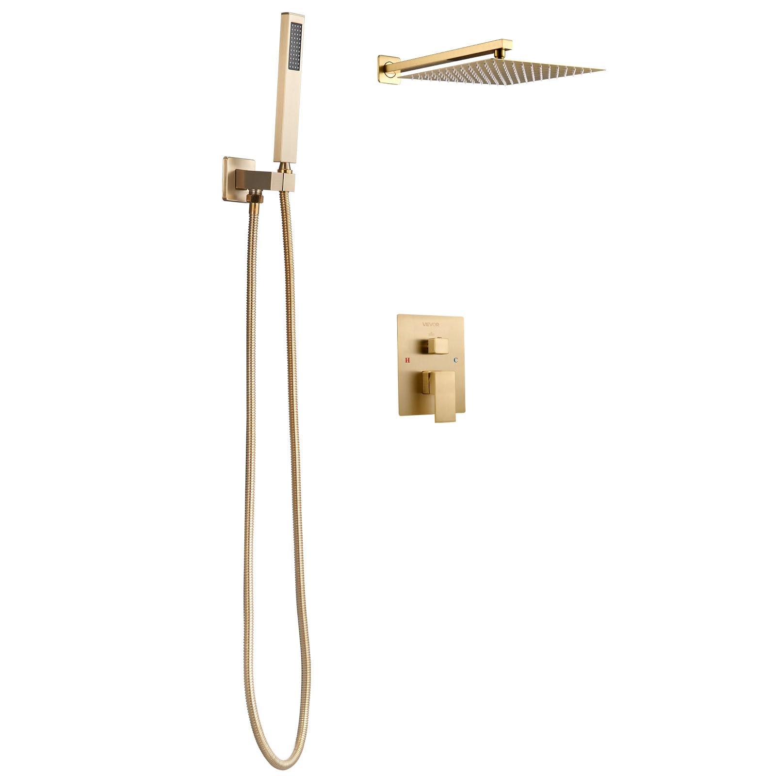 VEVOR Set Doccia, Sistema Doccia a Pioggia per Bagno con Soffione Quadrato da 30,5 cm e Doccetta, Accessori per Vasca da Parete con Valvola in Ottone e Kit di Finitura, Oro Spazzolato