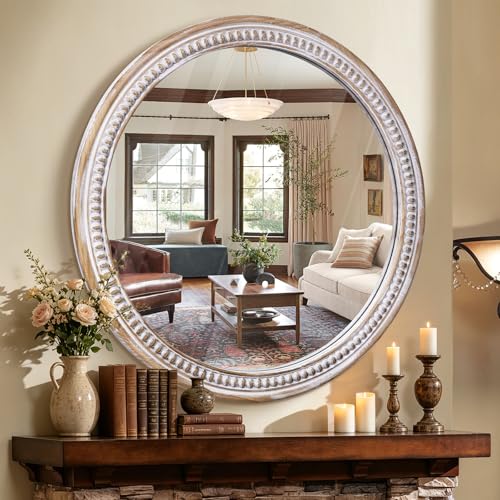 Image of HOITUZYUS 36 Inch Round Mirrors for Wall Decor, Wood Frame Farmhouse Style | HD Tempered Glass, Warm Rustic Charm, Ideal for Bathroom, Bedroom, Entryway, Vanity, and Living Room Decor