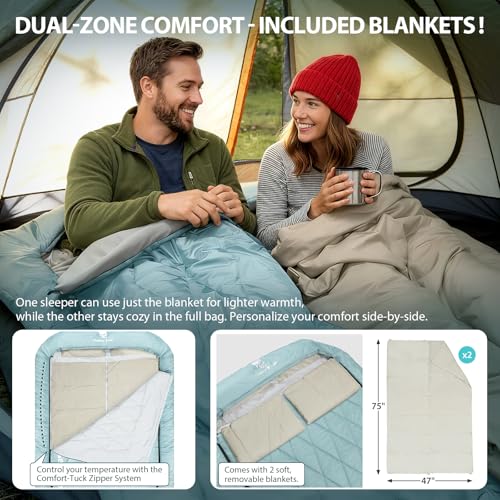 Image of GEERTOP Queen Size Double Sleeping Bag with Blanket for Camping Couples Two Person Adults, Removeable Top Cover 4 Season Backpacking Hiking