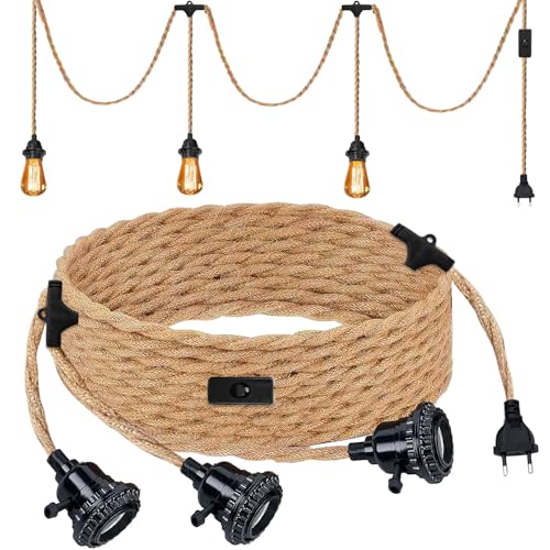 BORDEAG Portalámparas E27 6.8 M, E27 Portalámparas Colgante, Retro Kit De Lámpara Colgante, Vintage Lámpara Cuerda Cuerda De Cáñamo E27 Para Hogar Dormitorio Bar Estilo Rústico