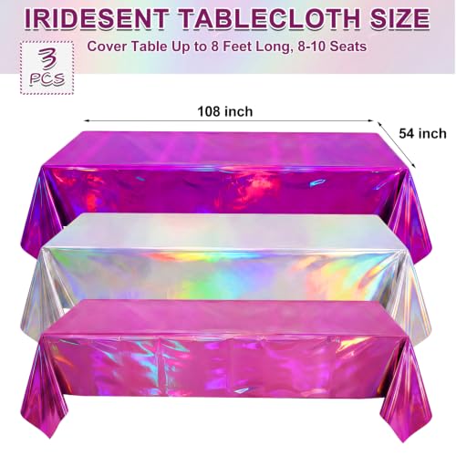 Image of Iridescent Plastic Tablecloths, Disposable Sparkly Laser Purple Table Cover | Wipe Clean Iridescent Party Decorations Holographic Foil Tablecloth for Kpop Birthday Bachelorette Wedding, 54x108Inch