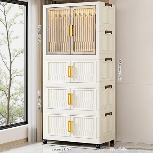 Image of HASTHIP 4-Door Collapsible Plastic Wardrobe 55x33x141cm Stackable Folding Wardrobe Cabinet Organizer with Door Universal Caster Wheels with Brake Freestanding Easy Almirah for Clothes and Bedroom