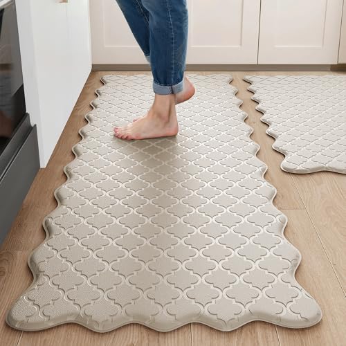 Upgrade Scalloped Embossed Kitchen Mats for Floor 2PCS Cushioned Anti Fatigue Waterproof Foam Kitchen Rugs Non Slip Washable Comfort Standing Mat for