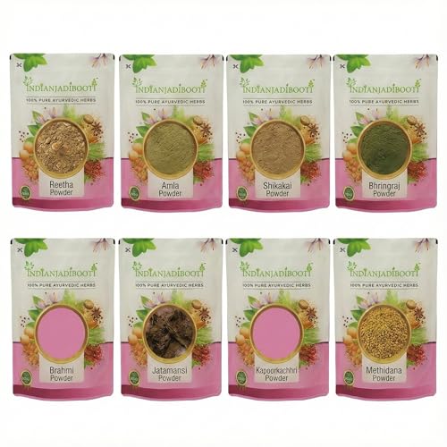 Image of IndianJadiBooti 8-in-1 Herbal Hair Care Combo Powder (450g Total) | Reetha, Amla, Shikakai, Bhringraj, Brahmi Mix | Ayurvedic Hair Mask & Natural Shampoo for Hair Fall Control, Growth & Dandruff | Chemical-Free DIY Kit