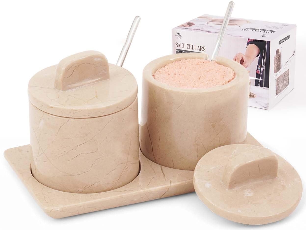 SPESHSTONES Marble Salt Cellar with Lid and Tray Set of 2 Beige Handmade Salt Box for Salt and Pepper Bowls - Ideal Salt & Spice Containers, Sugar Bowl Kitchen Storage
