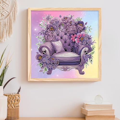 Image of AiYuanzsh Purple Floral Sofa Diamond Art Kits for Adults, 5D Special Shape Crystal Rhinestone Diamond Painting, DIY Diamond Art Kits for Beginners, Home Wall Decoration Gift, 12x12 Inch