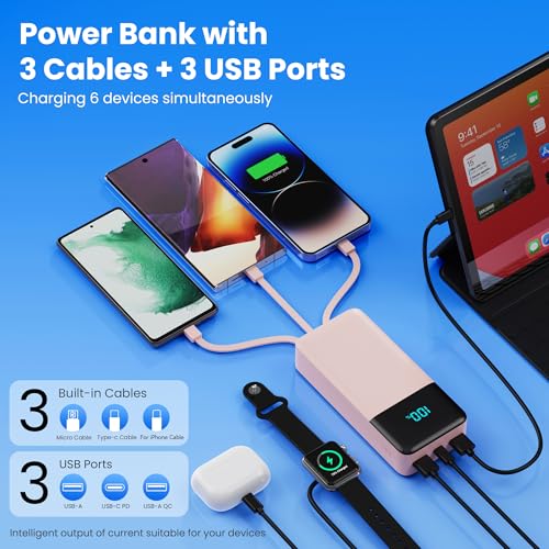 Image of Portable Charger 50800mAh Power Bank with 3 Built in Cables,25W PD QC4.0 Fast Charging USB C Battery Pack,6 Outputs 2 Inputs Travel Essentials Phone Charger for iPhone 17 /16 /15,Google,Android,Pink