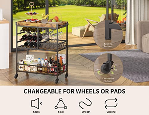 Gizoon 3 Tier 38" Home Bar Serving Cart W/ Large Storage Space, Mobile Kitchen Storage Trolley W/ Wine Rack, Glass Holder, Removable Tray,Lockable Wheels, Footpads, Heavy Duty - Retro #TOP3