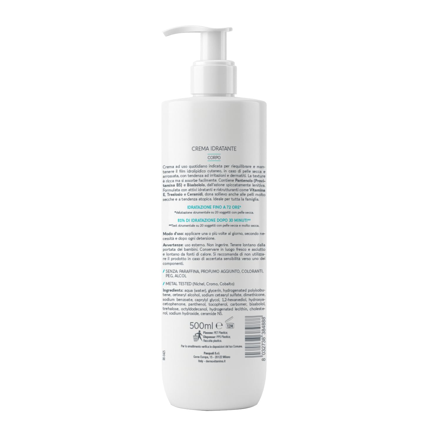 Dermovitamina Calmilene Crema Idratante 500 ml - Crema Corpo ad Azione Prolungata, Nutriente, Liporestitutiva ed Emolliente - Con Vitamina E e Ceramidi - Indicata per Adulti e Bambini
