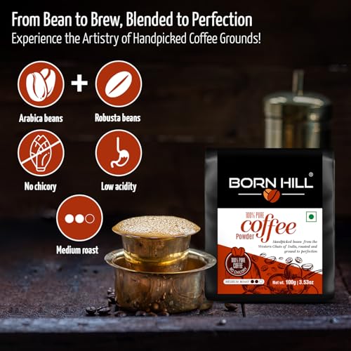 Image of BORN HILL Coffee Powder Bag 100G|Aromatic & Strong Filter Coffee Blend|Perfect For Moka Pots And Coffee Machines|Freshly Roasted & Ground|Medium Roast|0% Chicory