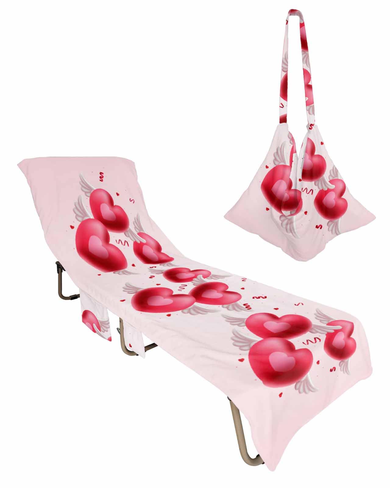 Valentines Day Beach Lounge Chair Towel Cover, Soft Chaise Lounge Towel with Side Pockets Patio Pool Chairs Cover for Beach/Pool Sunbathing 29x85 Red Pink Love Heart