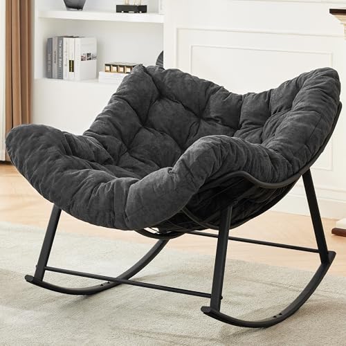Reedvales Oversized Rocking Chair Indoor Papasan Rocking Chair Outdoor Lounge Chair with Cushion Patio Egg Rocker Chairs Comfy Reading Chairs for Bedroom Living Room Garden Lawn Dark Grey
