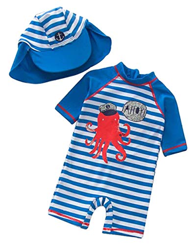 Baby Toddler Boys Girls One Piece Swimsuit Set Swimwear Shark Bathing Suit Rash Guards Sunsuit with Hat UPF 50+ (6-9 Months, Octopus Captain)