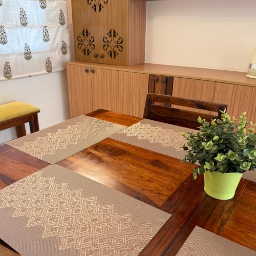 Image of Livmodern Premium PVC Dining Table Placemats | Woven PVC | Anti Skid & Moderate Heat Resistant | Wipeable and Washable | Set of 6 - Bronze Lattice