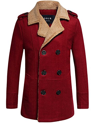SSLR Men's Slim Wool Blend Jacket Double Breasted Pea Coat (X-Small, Wine Red)