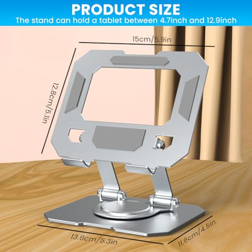 Image of Zibuyu Tablet Stand, Adjustable Height, 360 Rotatable Base, Foldable Metal Tablet Stand for Table, Universal Desk Tablet Dock, Supports Up to 12'', Silver