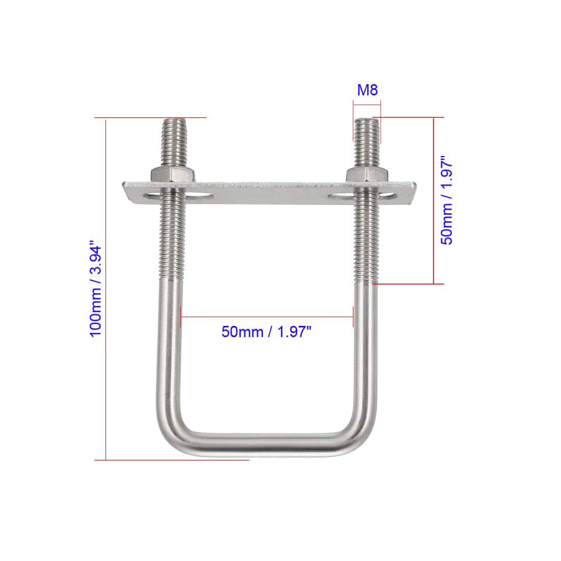 MACHSWON Square U-Bolt,3 Set 304 Stainless Steel M8 U Bolts 50mm(2.05") Inner Width 100mm Length with Nuts and Frame Plate for Automobiles Boat Trailer - Image 2