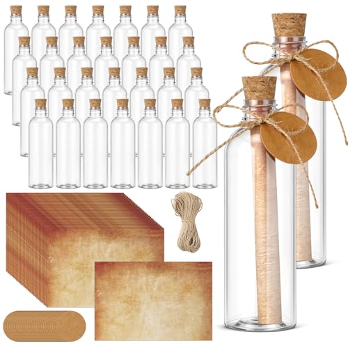 LemonRoad 30 Pcs Message Bottles with Vintage Letter Printer Paper 6.8 oz Plastic Message Bottles with Cork Labels Twine for Wedding Invitations Birthday DIY Craft