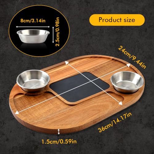 WLWNWFT Servierplatte aus Akazienholz mit Schieferplatte 36 x 24 cm, Servierbrett Holz mit 2 Edelstahl Dip-Schalen für Steak, Sushi, Steakbrett Steakteller Käsebrett Grillbrett – Bild 4