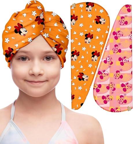 Akkya Microfiber Hair Towel for Kids Girls Women 2 Pack Dry Turban Towels for Wet Hair Quick Dry Cute Cartoon Mouse Print