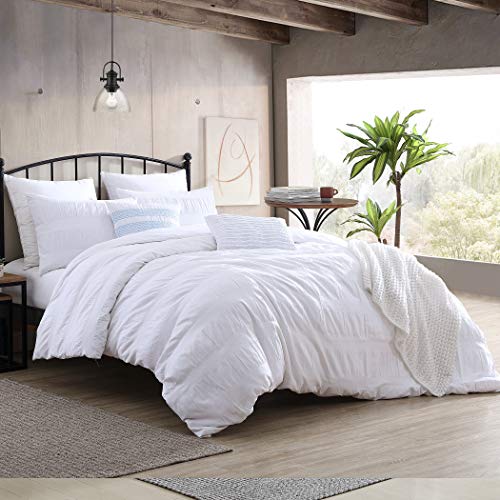 Swift Home Moselle Cotton Ruched & Waffle Weave Duvet Cover Set , Oeko-Tex Certified,Button Closure, All Season - White, Full/Queen (88" x 92")(Comforter NOT Included)