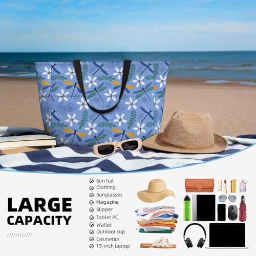 Large Beach Bags Water-resistant Sandproof - Dragonfly Plants Print Cute Beach Tote Bags for Women with Zipper4