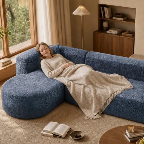 Image of Oversized Sectional Sofa with Chaise with 2 Throw Pillows, 109 inch Modern Luxury Chenille Sofa Extra Deep Seat L-Shape Curved Cloud Couch for Living Room (Left Facing Chaise, Blue)
