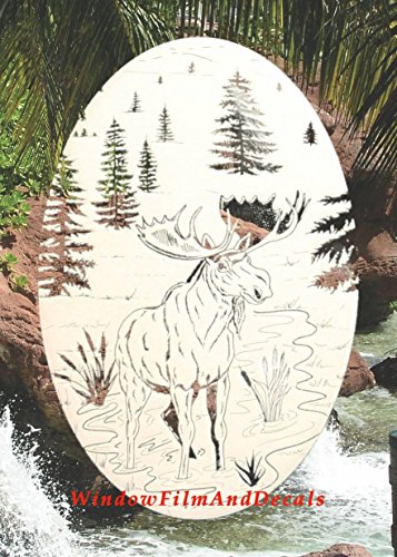 Moose Scene Oval Etched Window Decal Vinyl Glass Cling - 10.5" X 16" - White With Clear Design Elements #TOP3