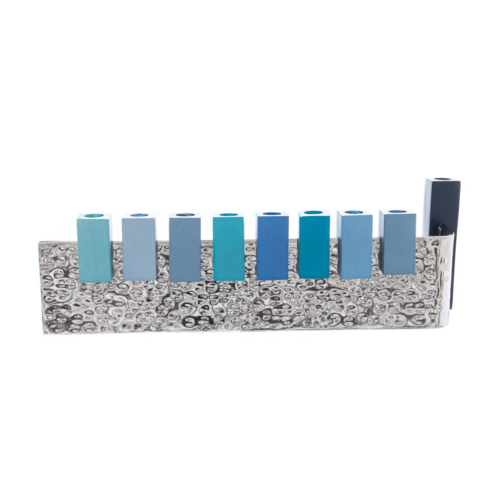 Yair Emanuel Menorah Hammered Anodized Aluminum Base with Interchangeable Blue Shaded Square Cups